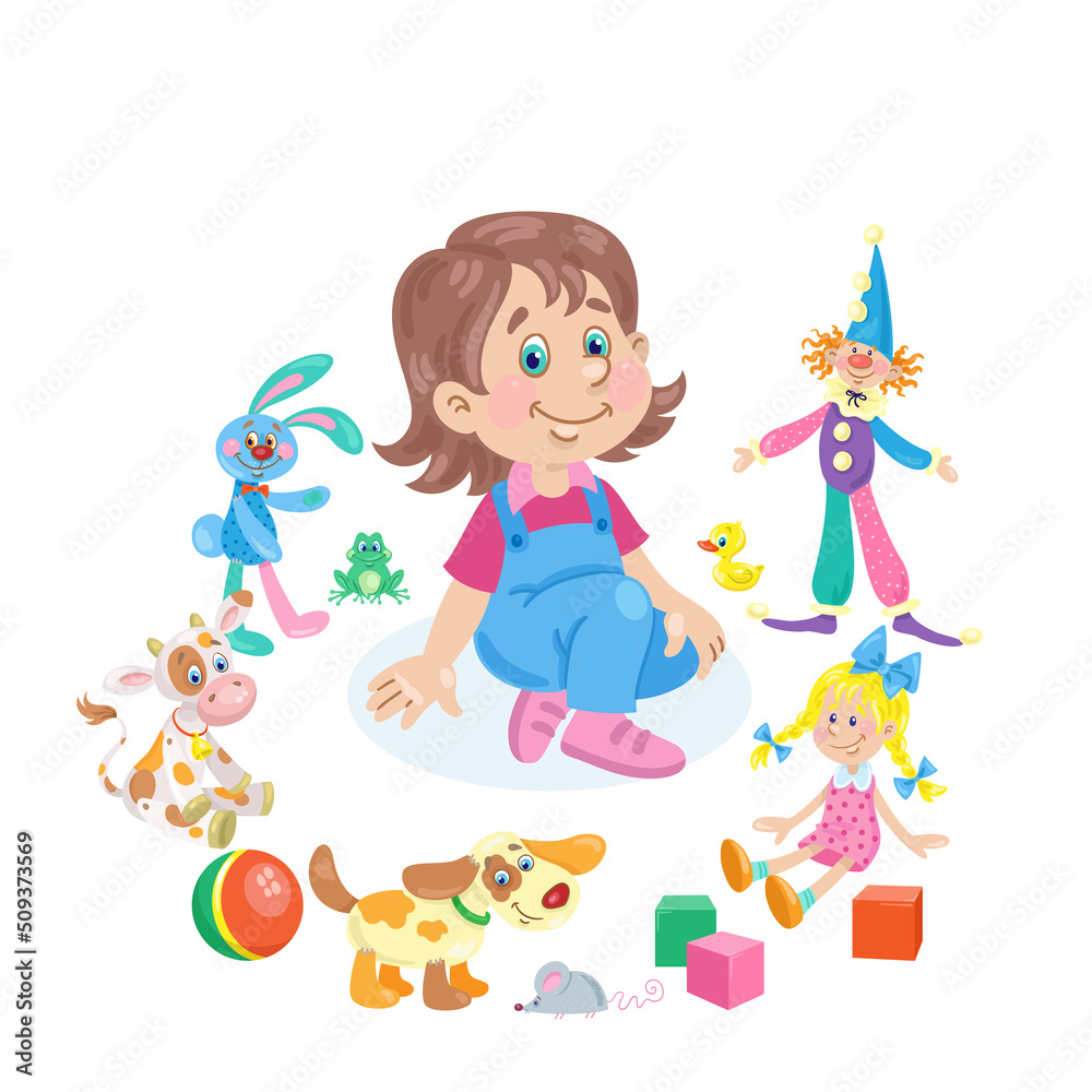 Obraz premium Cute little girl is sitting surrounded by her favorite toys. In cartoon style. Isolated on white background. Vector flat illustration.