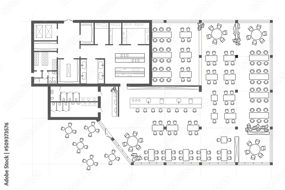 Linear technical sketch restaurant with bar and kitchen zone plan on