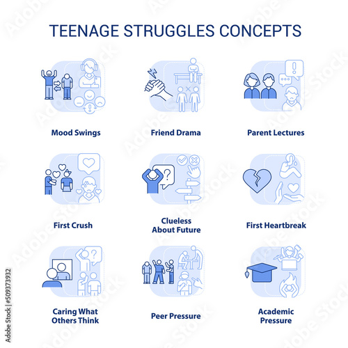 Teenage struggles light blue concept icons set. Major problems facing adolescent idea thin line color illustrations. Isolated symbols. Editable stroke. Roboto-Medium, Myriad Pro-Bold fonts used