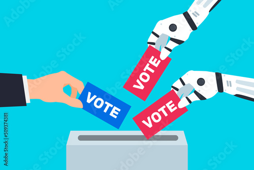 man and robot hands put ballot papers bulletin  into voting box election campaign vector illustration