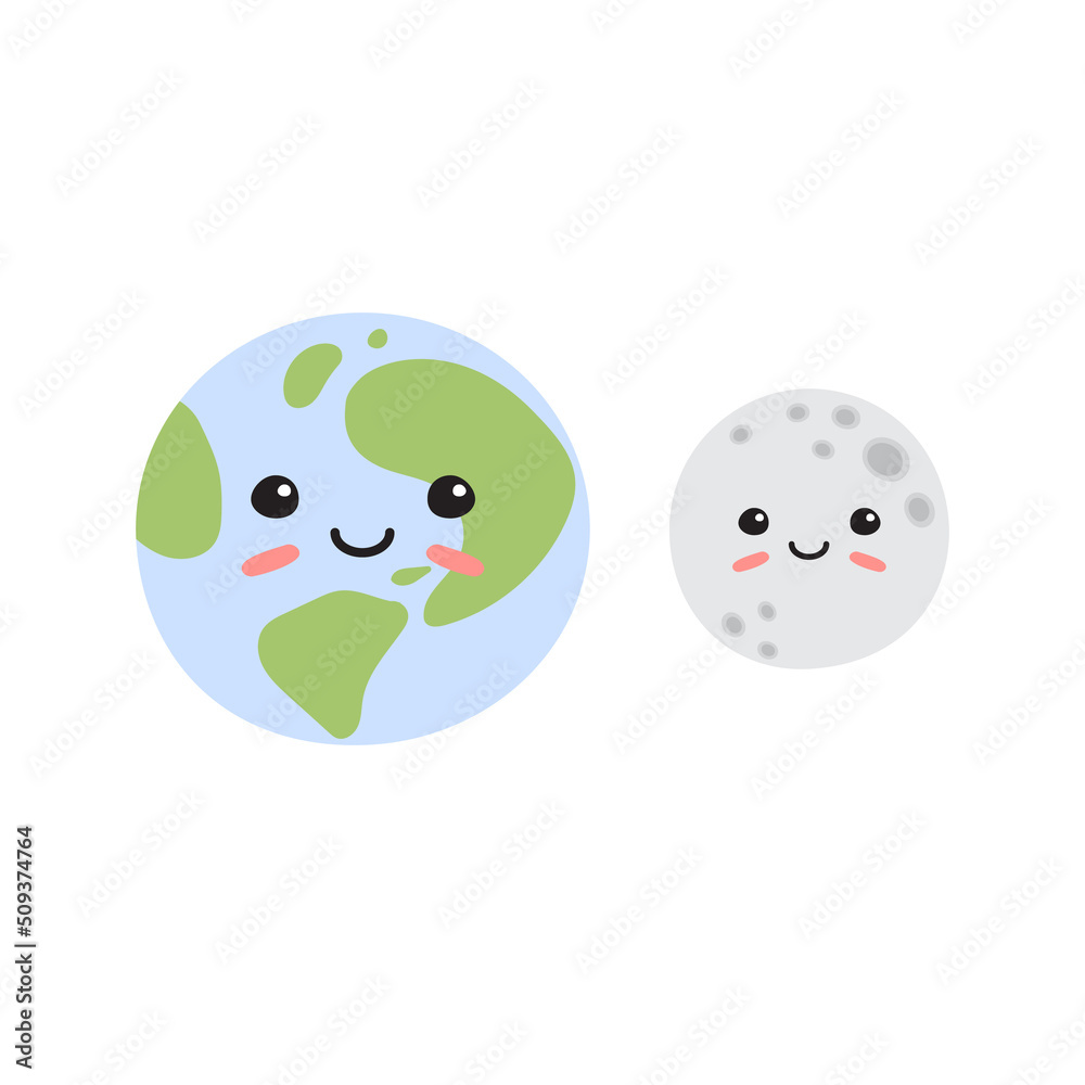 Vector hand drawn flat moon and Earth planet with faces isolated on white background Vector hand drawn flat moon and Earth planet with faces isolated on white background
