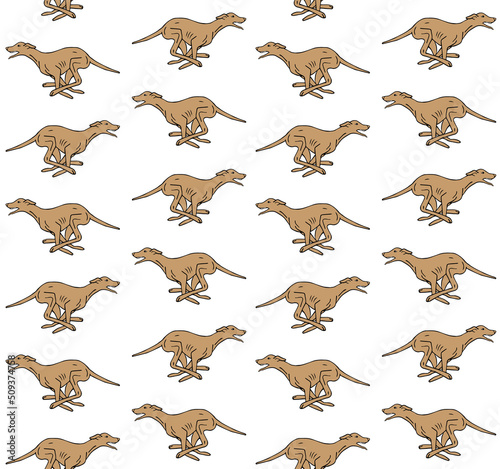 Vector seamless pattern of hand drawn doodle sketch colored running whippet dog isolated on white background
