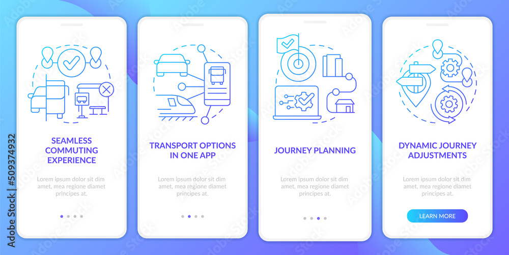 MaaS perks blue gradient onboarding mobile app screen. Mobility services walkthrough 4 steps graphic instructions with linear concepts. UI, UX, GUI template. Myriad Pro-Bold, Regular fonts used