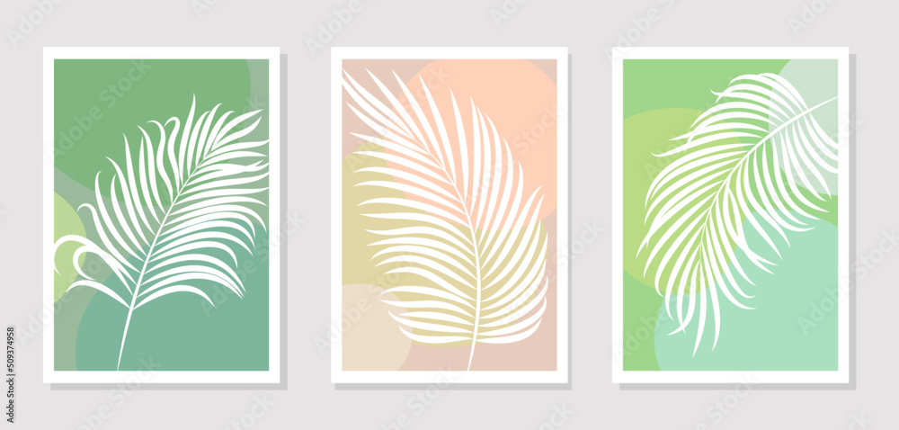 Set of posters or paintings with elements of tropical palm leaves and abstract shapes, modern graphic design in light pastel color. Vector art for wall decor