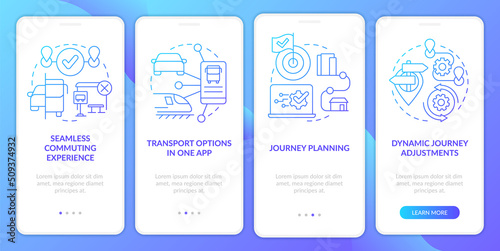 MaaS perks blue gradient onboarding mobile app screen. Mobility services walkthrough 4 steps graphic instructions with linear concepts. UI, UX, GUI template. Myriad Pro-Bold, Regular fonts used