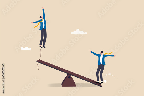 Manager support, effort to help partner reaching goal, assistance to get solution, teamwork or collaboration for success, businessman manager jump on seesaw help colleague jump high to reach target.