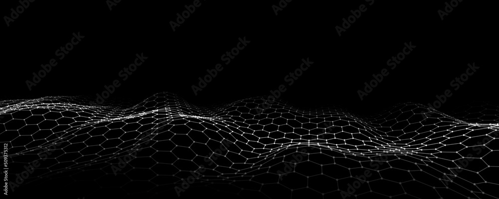 Abstract futuristic hexagon wave with moving dots. Flow of particles. Technology illustration. Vector illustration. - obrazy, fototapety, plakaty 