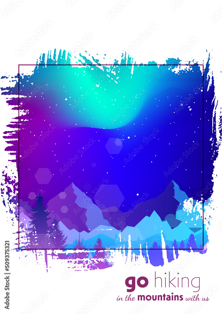 Obraz premium Northern Lights. Aurora in the Arctic. Night boreal. Travel, discover, explore, observing nature. Hiking tourism. Adventure. Minimalist graphic flyer. Flat design. Polygonal mountain landscape. 