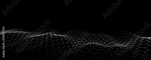 Abstract futuristic hexagon wave with moving dots. Flow of particles. Technology illustration. Vector illustration.