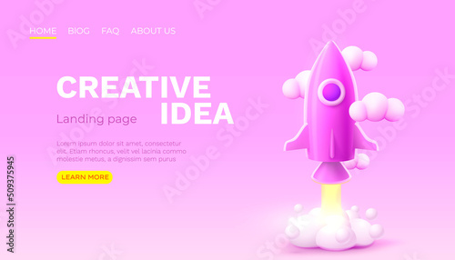 Creative idea rocket space, landing page banner. Vector
