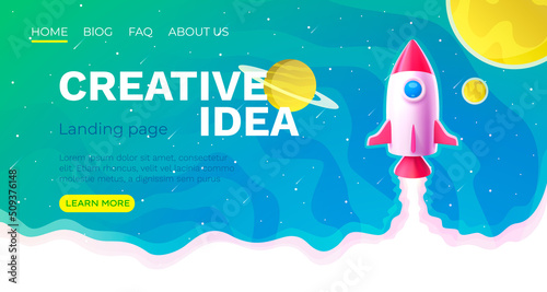 Creative idea rocket space, landing page banner. Vector