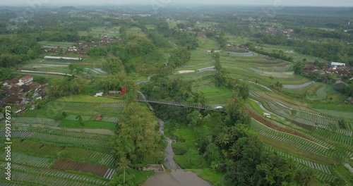 Aerial drone view of suspension bridge, valley and river with waterfalls. mangunsuko bridge or Jokowi bridge. infrastructure videos photo