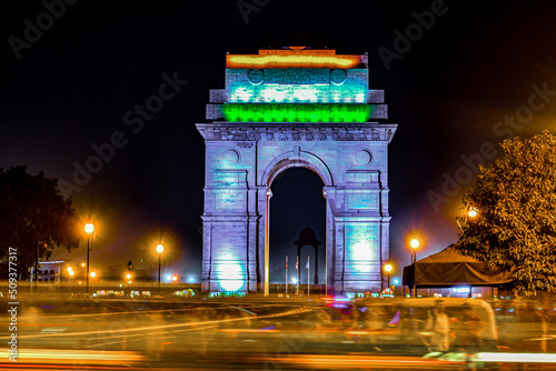 Fototapeta Naklejka Na Ścianę i Meble -  New Delhi, India - Feb 20 2019: India Gate at night. Bright lights at night. Indian monument.