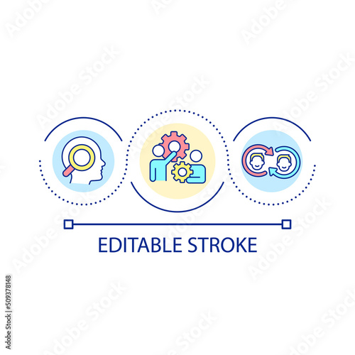 Exchange experience with colleagues loop concept icon. Project work together abstract idea thin line illustration. Creating startup plan. Isolated outline drawing. Editable stroke. Arial font used