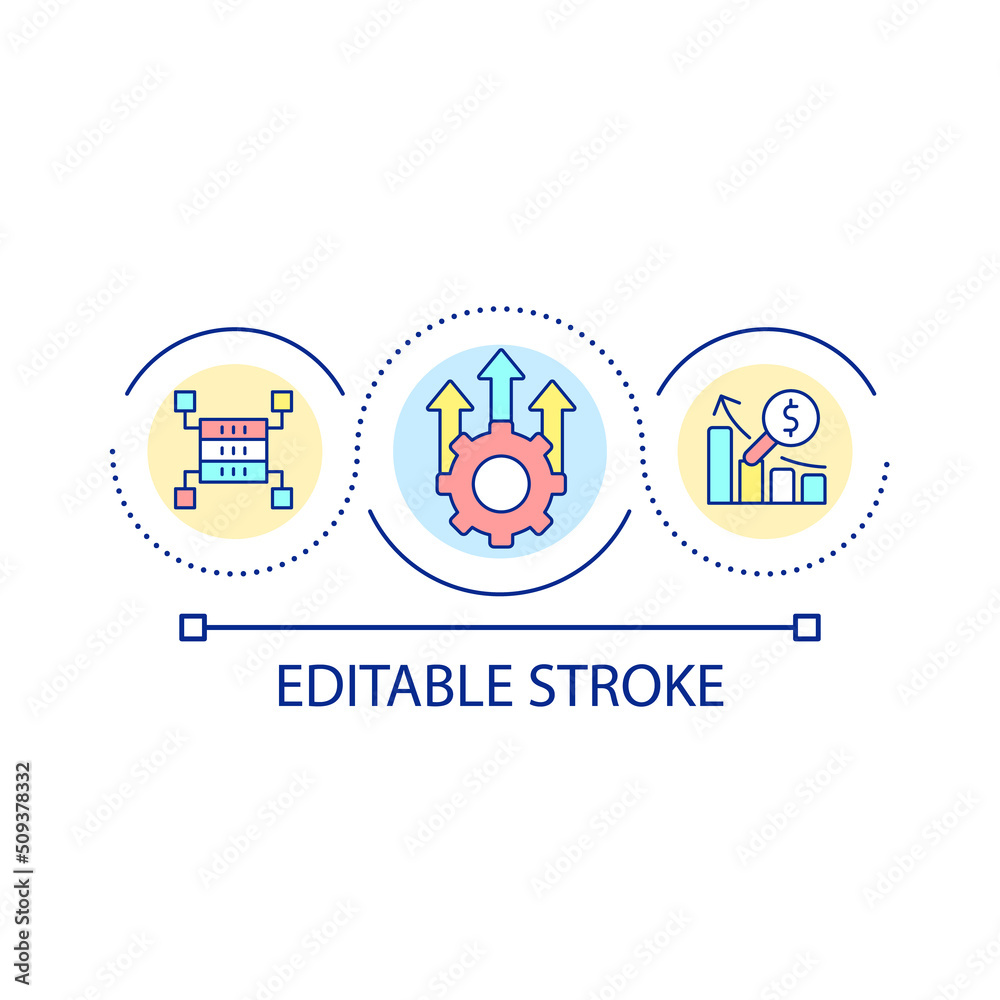 Tools to boost productivity loop concept icon. Marketing analytics software abstract idea thin line illustration. Forecasting performance. Isolated outline drawing. Editable stroke. Arial font used Tools to boost productivity loop concept icon. Marketing analytics software abstract idea thin line illustration. Forecasting performance. Isolated outline drawing. Editable stroke. Arial font used