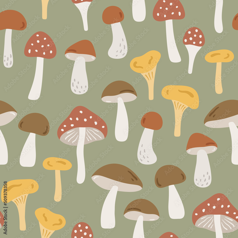 Vector seamless pattern with mushrooms in flat style. Hand drawn childish background with forest flora. Endless kids texture for apparel, textile and wallpaper. Cute botanical illustration