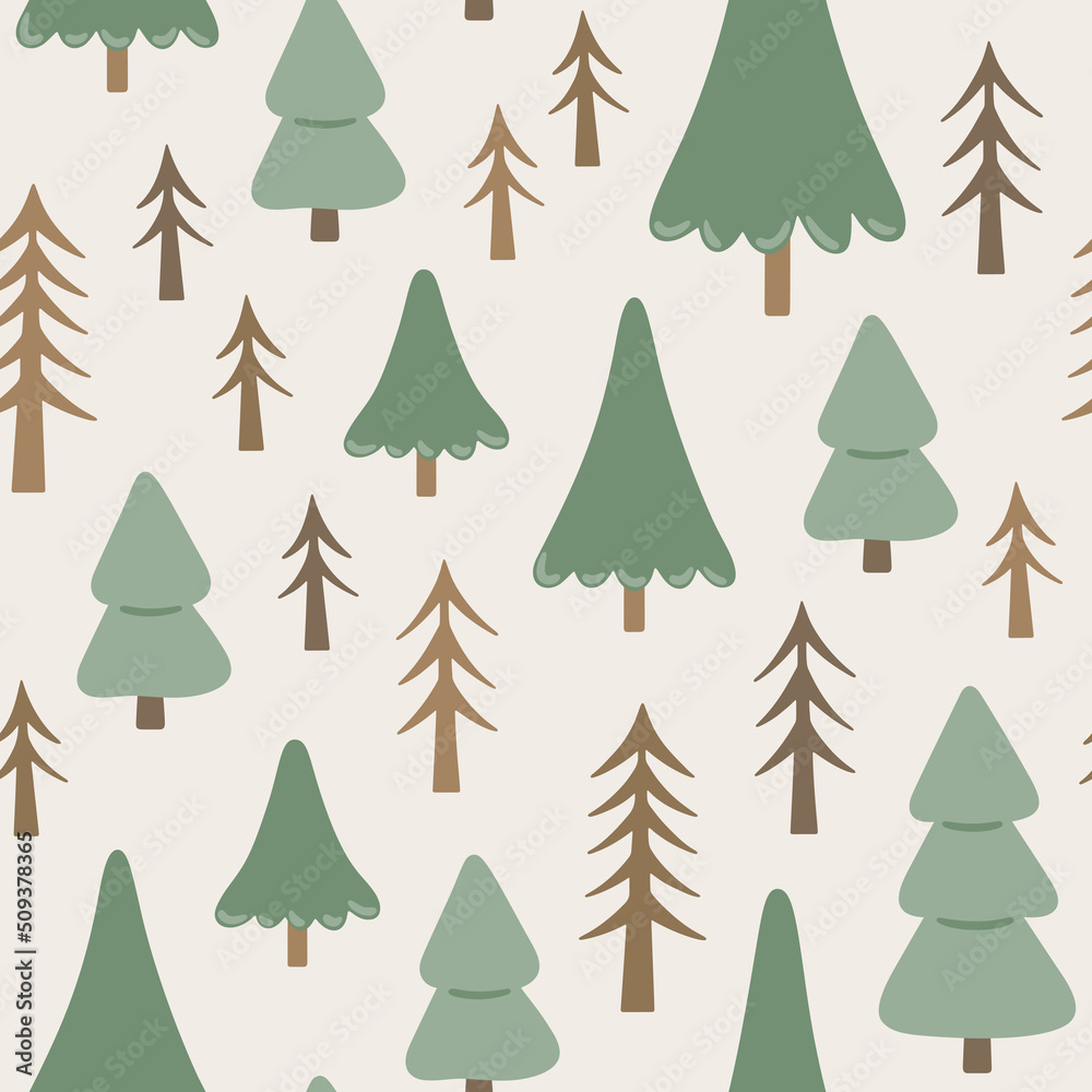 Obraz premium Forest seamless pattern. Hand drawn vector background with pine trees. Cute childish landscape texture for wallpaper, fabric and apparel. Scandinavian illustration with woods