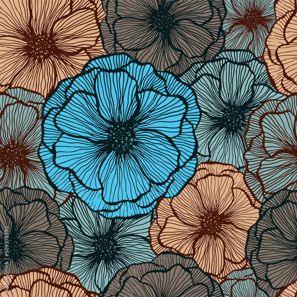 Naklejka premium Poppy flower doodle floral vector seamless pattern summer fabric print design. Line texture petals