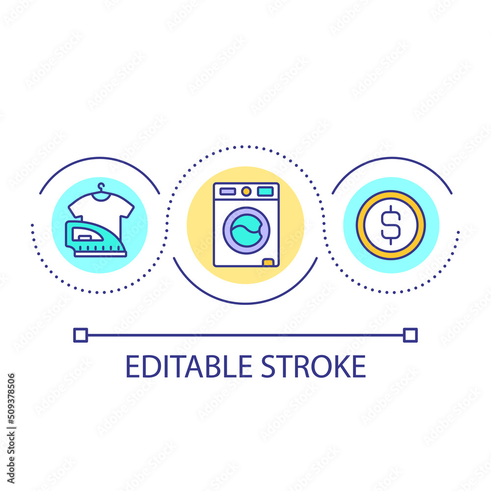 Obraz premium Laundry during roadtrip loop concept icon. Laundromat usage. Keep clothes clean while travelling abstract idea thin line illustration. Isolated outline drawing. Editable stroke. Arial font used