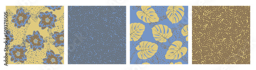 Grain texture and floral seamless pattern vector set. Botanical design of primula and monstera leaves.