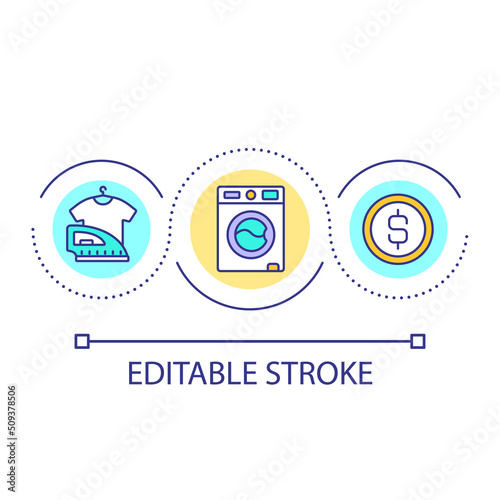 Laundry during roadtrip loop concept icon. Laundromat usage. Keep clothes clean while travelling abstract idea thin line illustration. Isolated outline drawing. Editable stroke. Arial font used