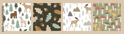 Set of hand drawn seamless patterns with forest animals and plants. Cute Scandinavian endless background with bear, deer and moose. Childish texture for apparel, wallpaper and prints