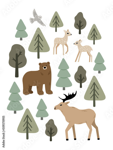 Hand drawn poster with forest animals: bear, deer and moose. Charming childish illustration with woodland animals and plants for nursery design, baby apparel and prints. Colored vector art