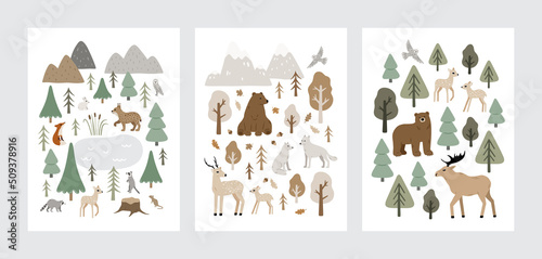 Set of hand drawn vector posters with forest animals and plants. Cute Scandinavian illustration with wild animals in the wood. Childish poster for nursery design and prints. Charming woodland animals