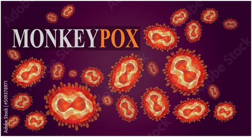 Monkeypox virus cells. Monkeypox virus outbreak pandemic design with microscopic view background. Monkeypox concept. Virus epidemic outbreak. Health care in USA, Europe, Asia . Vector Illustration.