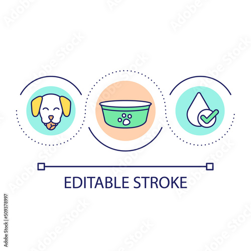 Provide you dog with water loop concept icon. Hydration for pet while travelling. Roadtrip advice abstract idea thin line illustration. Isolated outline drawing. Editable stroke. Arial font used