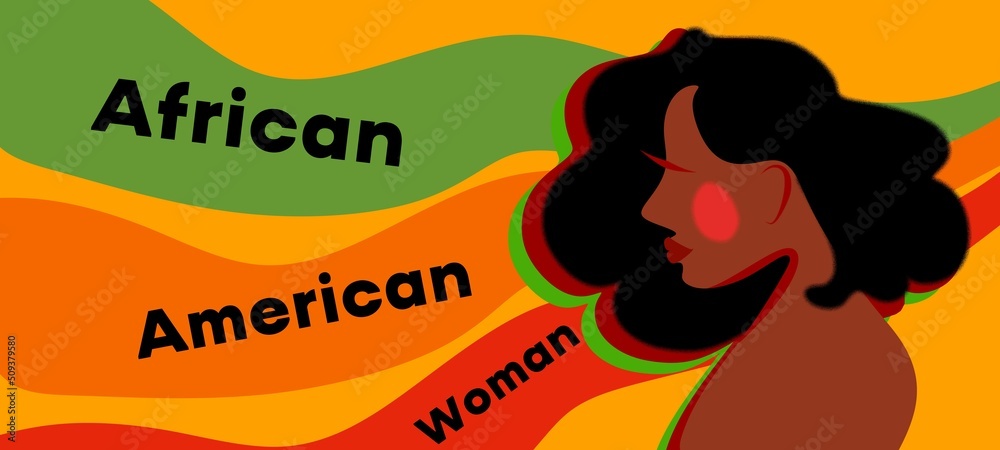 An African-American woman on a bright background of yellow, green and red stripes. The inscription An African-American woman on a bright background of yellow, green and red stripes. The inscription