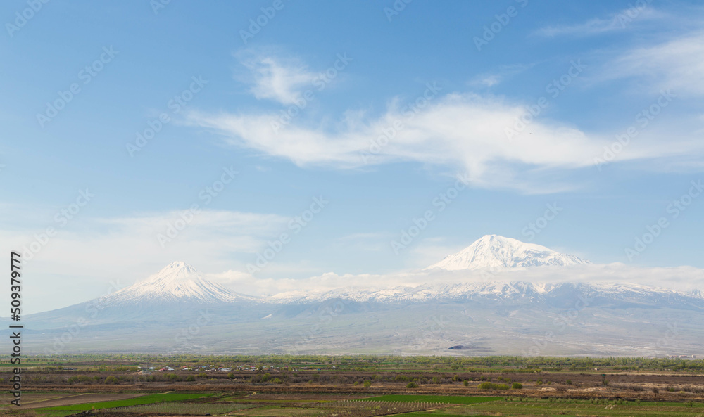 Mount Ararat in Armenia, long wide width banner, photo made from Khor Virap monastery. Khor Virap, Armenia