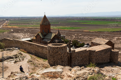 Khor Virap monastery, Armenia - April 2022: Aerial view of Khor Virap with Mount Ararat nearby, an Armenian monastery located in the Ararat plain in Armenia, near the border with Turkey.