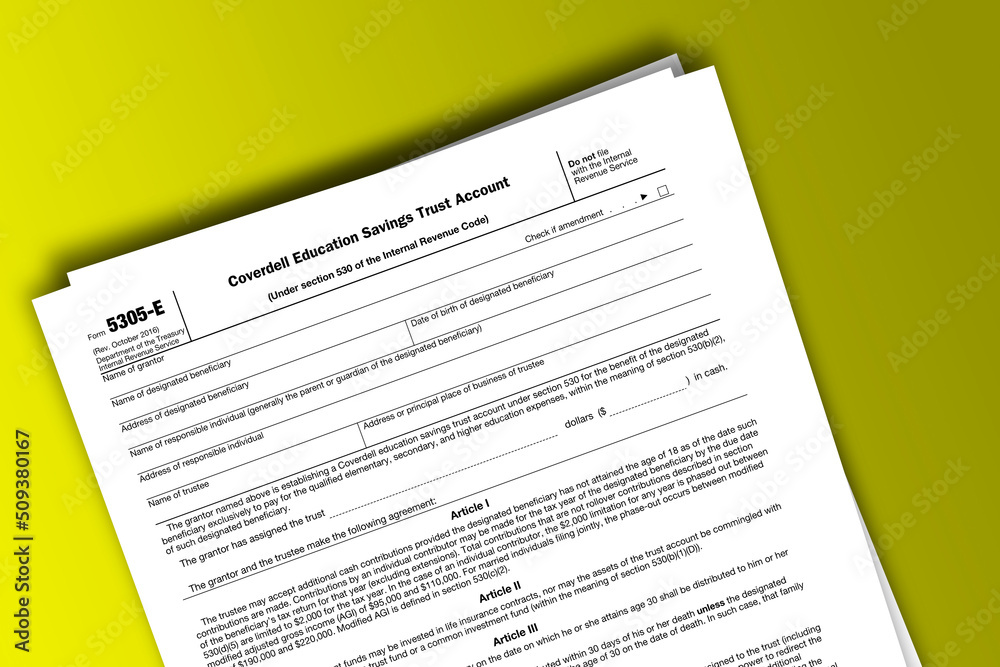 Form 5305-E documentation published IRS USA 42949. American tax document on colored Form 5305-E documentation published IRS USA 42949. American tax document on colored