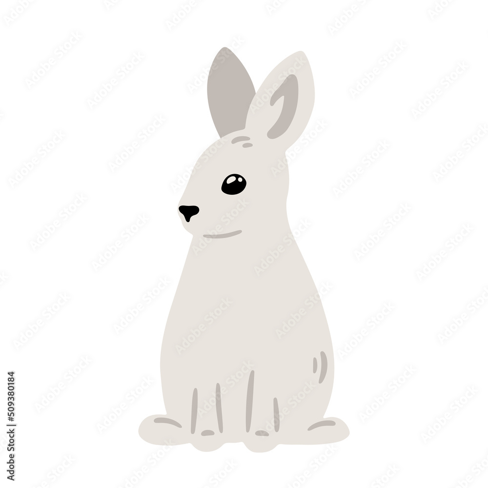 Obraz premium Hand drawn illustration with charming little rabbit. Cute forest character. Vector lovely bunny in flat style isolated on white background. Cartoon woodland creature. Childish illustration