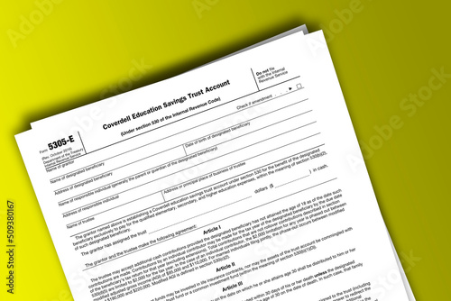 Form 5305-E documentation published IRS USA 42949. American tax document on colored