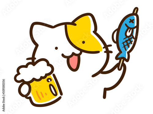 焼き魚をつまみにビールを飲むかわいいねこのデフォルメイラスト