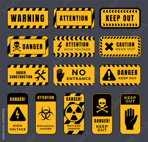 Danger signs that warn of possible danger to life and health. Yellow danger warning rectangle. Vector illustration
