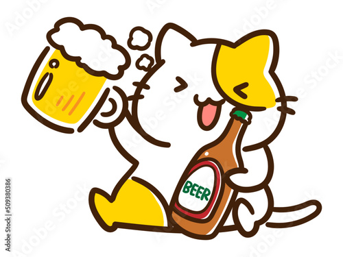 ビール瓶を片手に飲みまくるかわいいねこのデフォルメイラスト