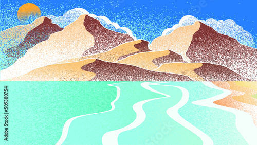 Ocean, mountains, sun, waves and sandy beach. Summer landscape  . Vector Illustration. 