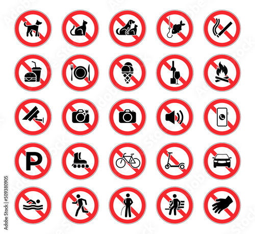 Set of prohibition icons. Prohibition warning. Red circle with oblique line. Vector illustration