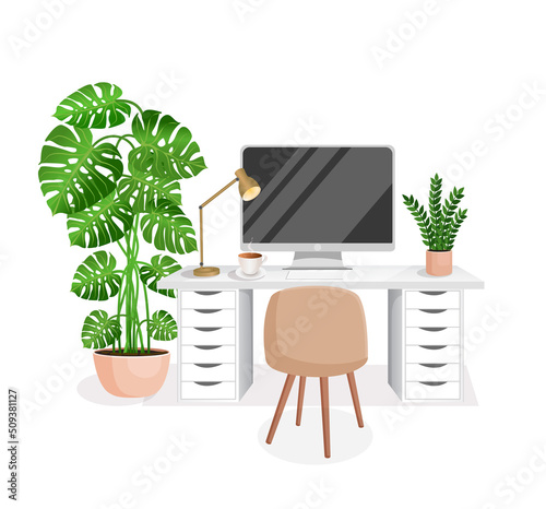 Workspace with computer, table, plant, lamp, chair and cup on isolated white background for home office, cabinet, remote work, freelance, teaching. Vector illustration in flat cartoon style.