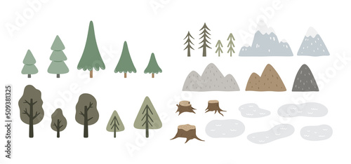 Hand drawn collection with forest elements: trees, lakes and mountains. Huge woodland set with landscape elements. Cartoon drawings isolated on white background. Vector botanical illustration