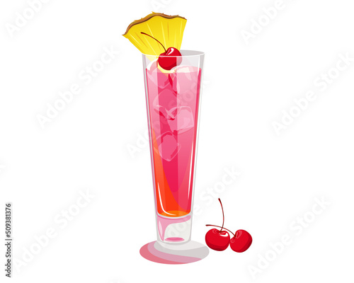 Illustration of the cocktail "Singapore sling". Summer alcoholic drink with pineapple slice and cherry.Classic bar cocktail in a tall glass.