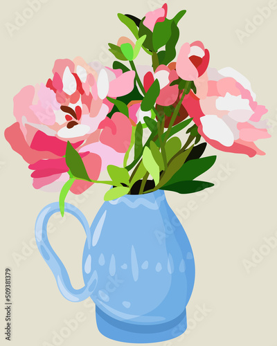 Vector bright illustration of pink peony bouquet in light blue vase on beige background.