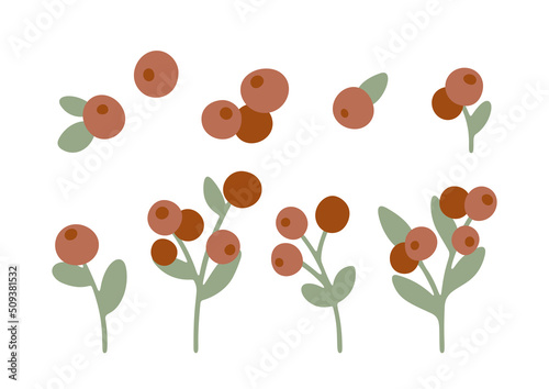 Hand drawn cartoon forest cranberry set with leaves and branches. Cute red berries isolated on white background. Abstract wild berry and foliage in flat style. Woodland vector illustration