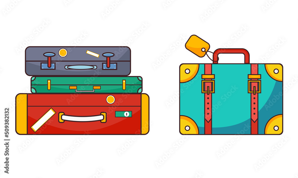 Set of a stack of different luggage and a cartoon suitcase for travel. Isolated on white background. Vector illustration. Set of a stack of different luggage and a cartoon suitcase for travel. Isolated on white background. Vector illustration.