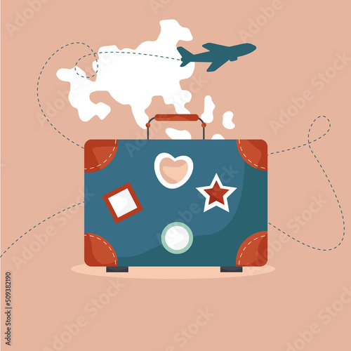 Travel luggage with map and airplane. Isolated on white background. Vector illustration.