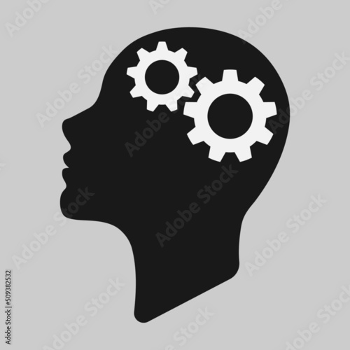 Cog wheels inside human head silhouette vector flat style illustration - Mental health and efficiency related concept 