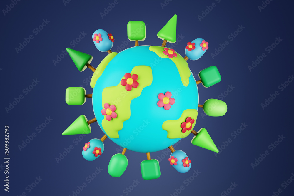 Spring on Earth with Trees and Flowers Cute Stylized 3d Illustration with Dark Background Spring on Earth with Trees and Flowers Cute Stylized 3d Illustration with Dark Background